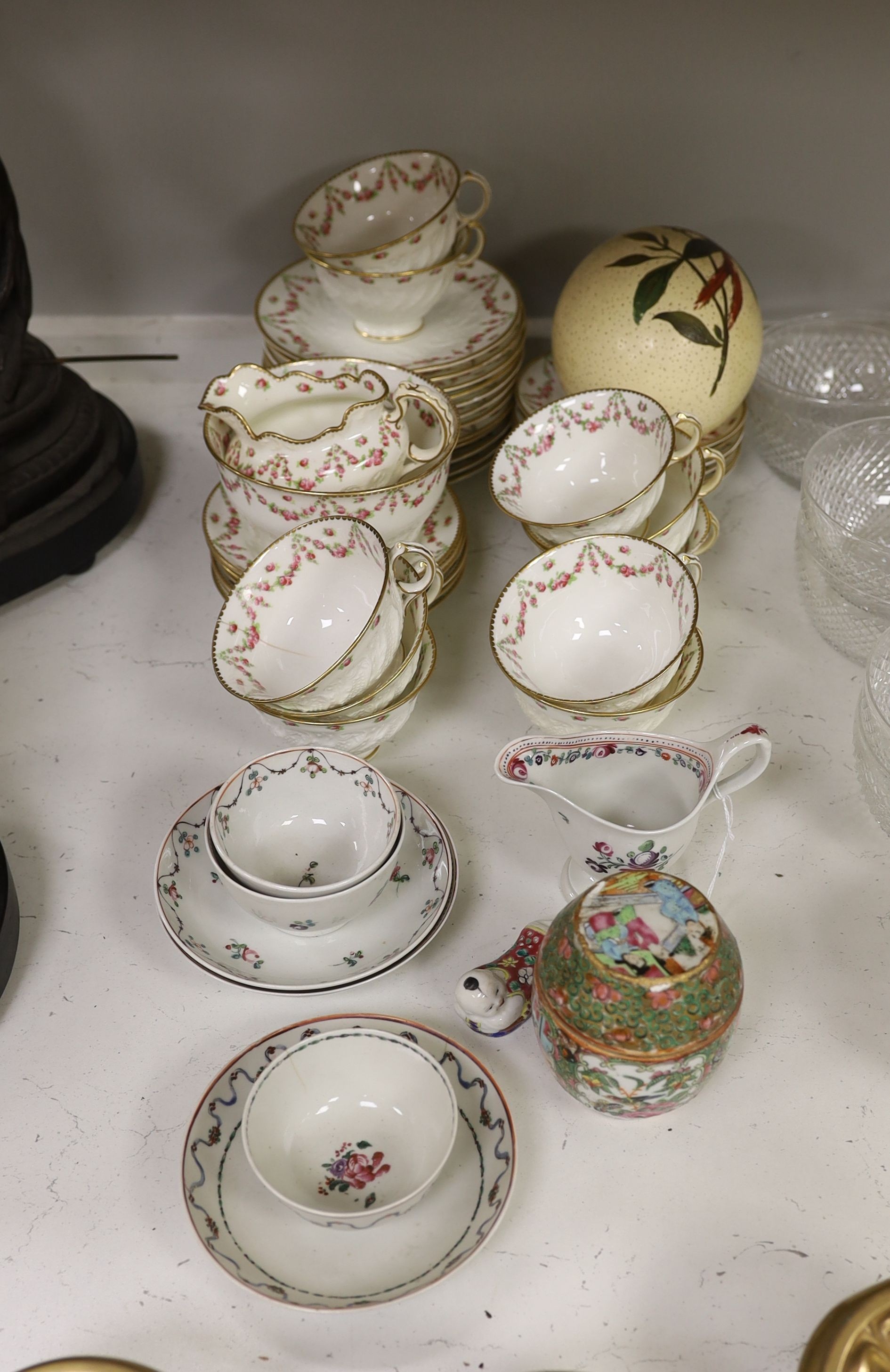 A Chinese famille rose pot and cover, a part Crescent China tea set and a small quantity of tea bowls etc